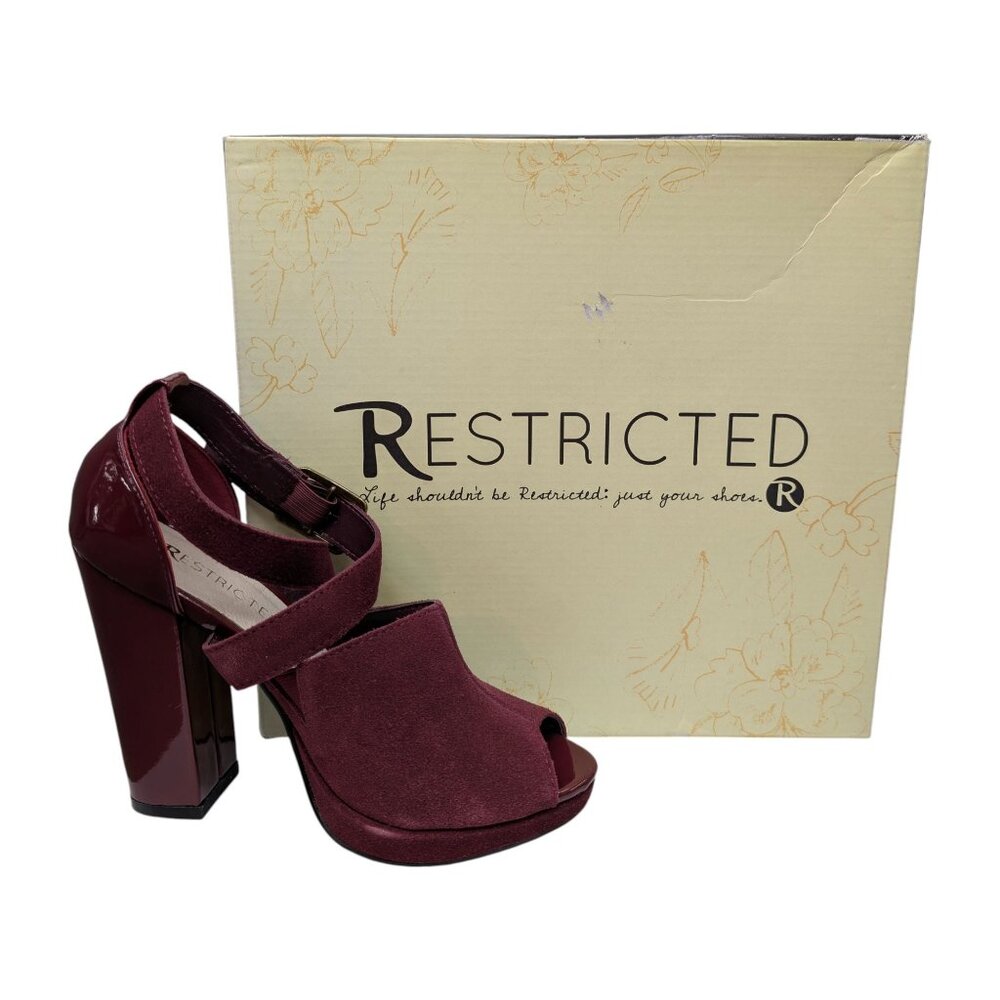 Restricted Gossip Suede Leather Heels Womens Burgundy 4.25" Peep Toe Size 5.5